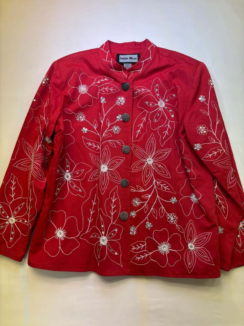 Red Cotton Embroidered Jacket, Sequin Floral Design - Indigo Moon, Medium